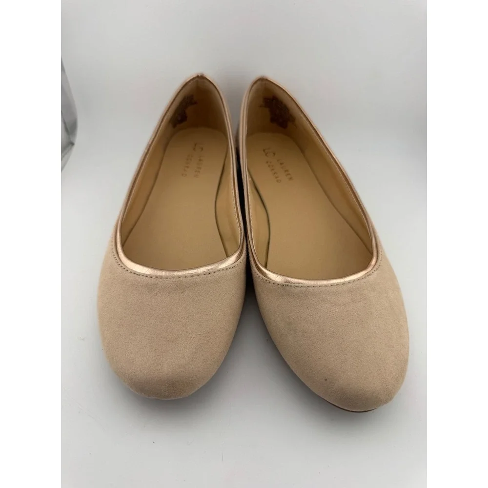 LC Lauren Conrad Ballet Flats 8.5 Nude Excellent Faux Suede Metallic Trim (1888)